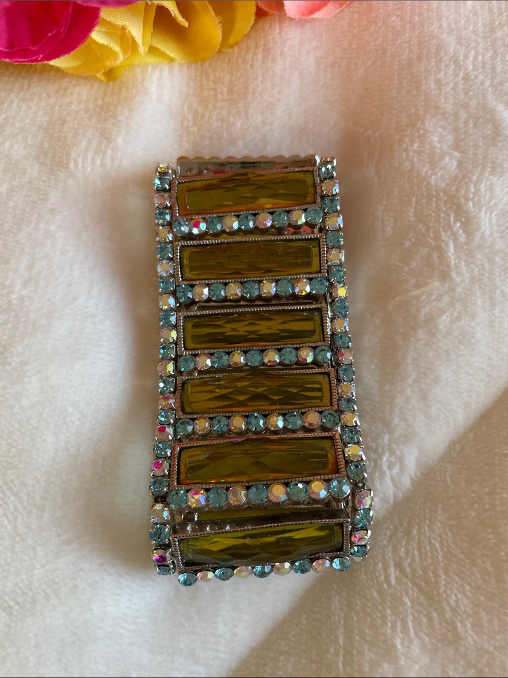 JCChina Iridescent Rhinestones Silver Wide Green Panel Stretch Bracelet Crystals - Picture 2 of 11